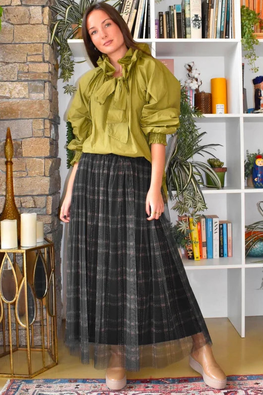 Enid Plaid Tulle Midi Skirt Khaki